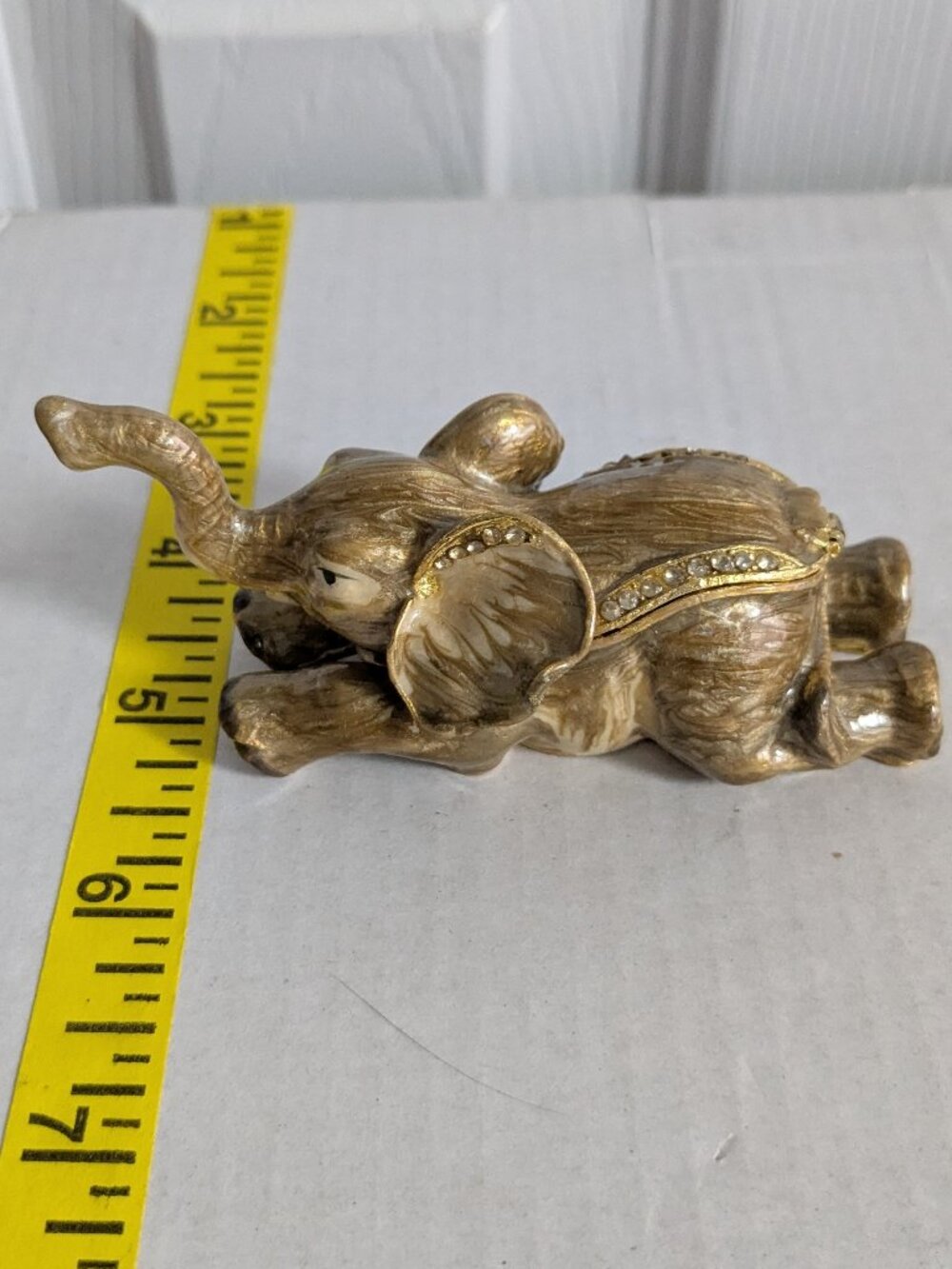 Baby Elephant Trunk Up Rhinestone Laying Down Ring Trinket Box
